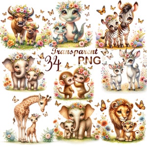34 PNG, Safari Animals Clipart Watercolor,jungle safari png,baby safari animals,safari clipart elephant zebra giraffe tiger lion,baby shower