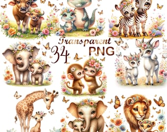 34 PNG, Safari Animals Clipart Watercolor,jungle safari png,baby safari animals,safari clipart elephant zebra giraffe tiger lion,baby shower