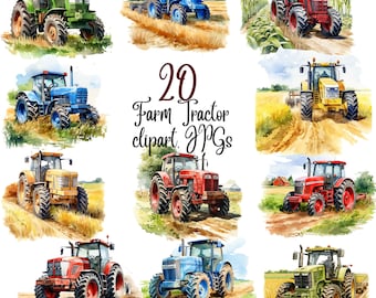 20 Watercolor Farm Tractor Clipart: Commercial Use (Digital Download)