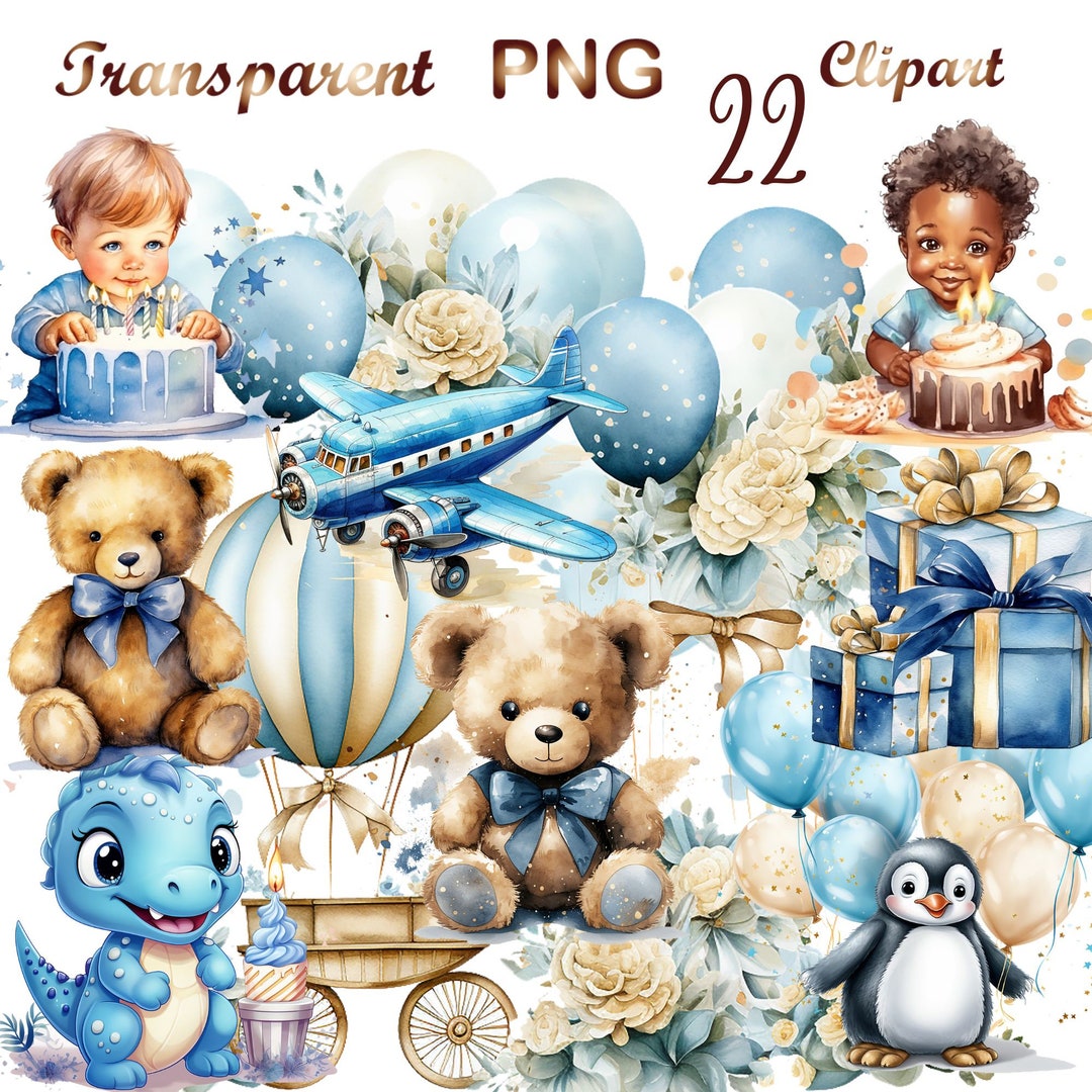 22 Watercolor Blue Baby Boys PNG Birthday Party Balloons Clipart Bundle ...