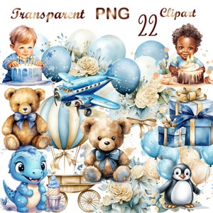 22 Watercolor Blue Baby Boys PNG Birthday Party Balloons Clipart Bundle  Transparent Background Digital Download PNG Graphics,Commercial Use