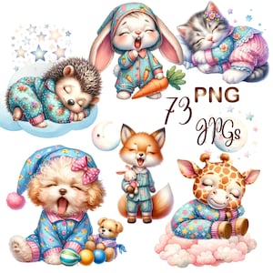 73PNG/JPG, Watercolor Sleepy Animals clipart bundle, Animals bundle clipart, cute animal clipart, nursery wall art, baby shower decor