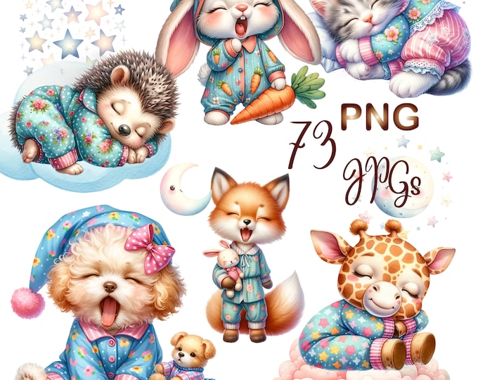 Watercolor Sleepy Animals Clipart Bundle, Cute Animals PNG, Cute Animal ...