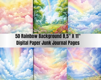 50 Printable Rainbow Digital  Paper,JPGs,Rainbow Background,Magical Rainbow Backdrop,Enchanted Rainbow Junk Journal Paper