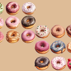 May include: Assortment of 18 doughnuts with various toppings, including sprinkles, chocolate, and frosting. The doughnuts are arranged in a pattern on a light brown background.