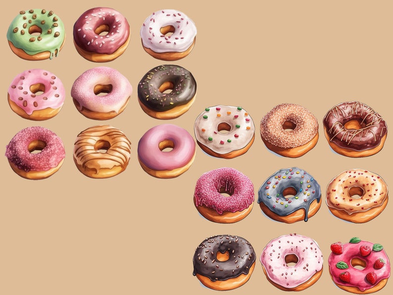 May include: Assortment of 18 doughnuts with various toppings, including sprinkles, chocolate, and frosting. The doughnuts are arranged in a pattern on a light brown background.