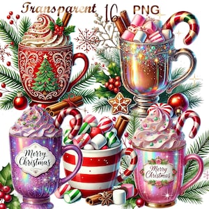 16 PNG set 4 Hot Chocolate Clipart, Watercolor Hot Cocoa PNG, Christmas Collage Images, Winter Junk Journal,Digital Download,Commercial use