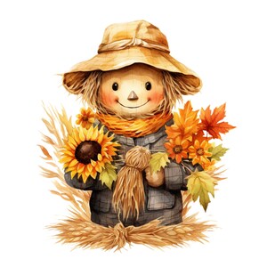 May include: Watercolor illustration of a friendly scarecrow with a straw hat and scarf. The scarecrow is holding a sunflower and autumn leaves. The scarecrow is wearing a plaid jacket and is surrounded by wheat and fall foliage.
