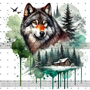 May include: A watercolor painting of a wolf with green eyes in a snowy forest setting. The wolf is in the foreground, and the forest is in the background. There is a small cabin in the forest.