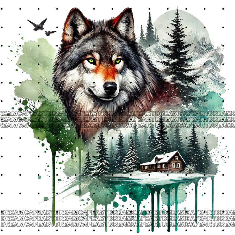 May include: A watercolor painting of a wolf with green eyes in a snowy forest setting. The wolf is in the foreground, and the forest is in the background. There is a small cabin in the forest.