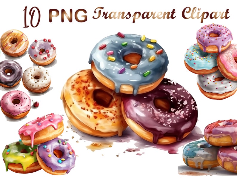 May include: A collection of ten colourful doughnuts with various toppings, including sprinkles, chocolate chips, and glaze. The doughnuts are arranged in different stacks and groupings, showcasing a variety of flavours and designs.