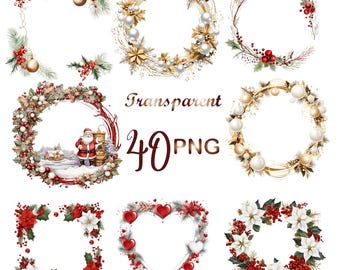 May include: A collection of nine watercolor Christmas and holiday-themed frames and wreaths. Designs include gold, white, and red accents, with elements like berries, ornaments, and poinsettias. The text "Transparent 40 PNG" is also included.