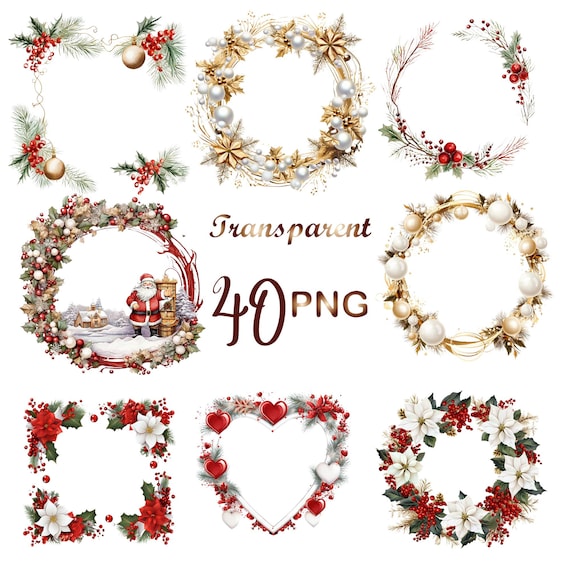 40 Watercolor Christmas Frames Clipart, Merry Christmas Holiday Wreath Clip art, Winter Greenery Border png, Xmas Noel Sublimation