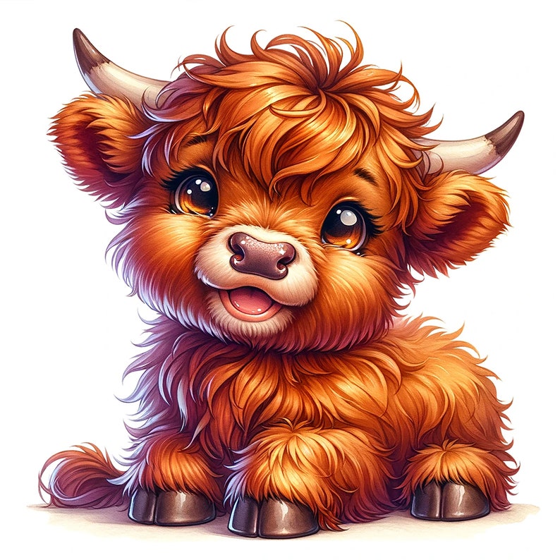 May include: A cute, fluffy, orange Highland cow calf with big brown eyes and a happy expression. The calf is sitting on a white background.