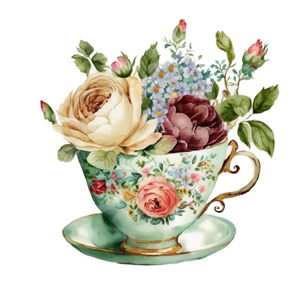 10 Floral Vintage Tea Cup Clipart png, watercolor png, floral clipart, watercolor flowers, digital download, commercial use, sublimation png