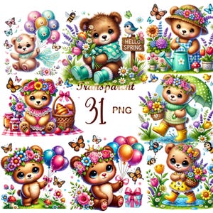 Puede incluir: Un conjunto de 31 imágenes PNG con adorables osos de peluche de dibujos animados en varias escenas primaverales. Los osos están adornados con coronas de flores, sosteniendo globos, flores y paraguas, rodeados de mariposas y el texto "Hello Spring".