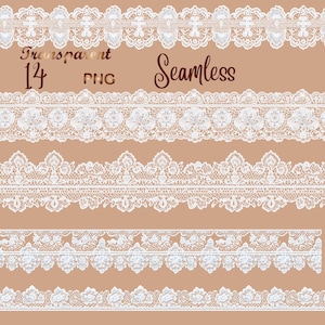 Könnte beinhalten: Verschiedene weiße Spitzenbordüren in verschiedenen Designs werden vor einem beigefarbenen Hintergrund gezeigt. Der Text "Transparent 14 PNG Seamless" ist in brauner Schrift geschrieben. Die Spitzendesigns umfassen florale und geometrische Motive.