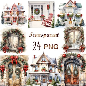 24 Watercolor Christmas Clipart png, Christmas house Clipart, Watercolor Christmas window clipart,Xmas decor,Digital Download,Commercial use