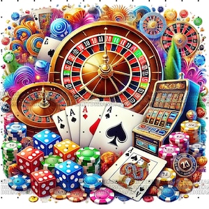 May include: A colorful illustration of a casino scene with a roulette wheel, slot machine, playing cards, dice, and poker chips. The image is filled with vibrant colors and intricate details.