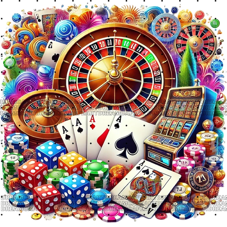 May include: A colorful illustration of a casino scene with a roulette wheel, slot machine, playing cards, dice, and poker chips. The image is filled with vibrant colors and intricate details.