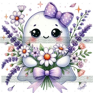 May include: A cute cartoon ghost with a purple bow and polka dots holding a bouquet of white and purple flowers.