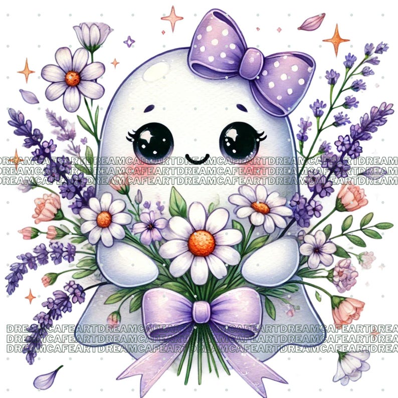 May include: A cute cartoon ghost with a purple bow and polka dots holding a bouquet of white and purple flowers.
