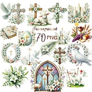 May include: A collection of 70 PNG images featuring religious symbols. Includes crosses, doves, lambs, Easter eggs, candles, and floral arrangements. The images are in a watercolour style with a transparent background.