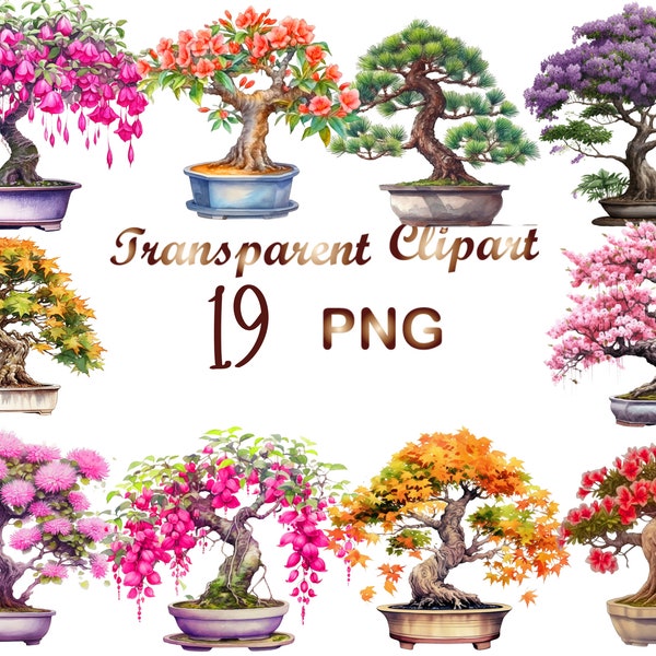 19 Watercolor Bonsai Tree Clipart png, Bonsai png, Sublimation, Digital Download, Mixed Media, Digital Paper Craft, Flowers png