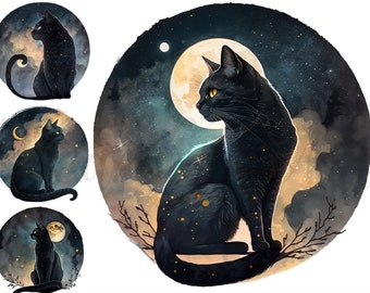 8 PNG JPG Celestial Black Cat Clipart JPGs and PNG, cat clipart,magic clip art,mystical clipart, witchcraft clipart, pagan clipart,black cat