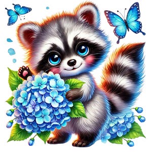 Op de afbeelding: Een schattige cartoon-wasbeer met blauwe ogen die een boeket blauwe hortensia's vasthoudt. Twee blauwe vlinders vliegen in de achtergrond.
