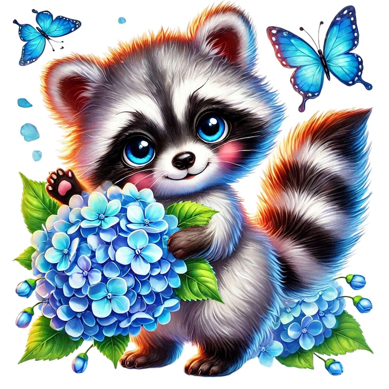 Op de afbeelding: Een schattige cartoon-wasbeer met blauwe ogen die een boeket blauwe hortensia's vasthoudt. Twee blauwe vlinders vliegen in de achtergrond.