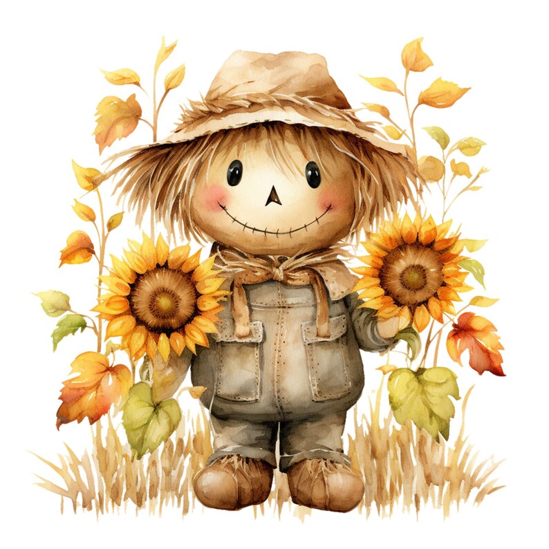 May include: Watercolor illustration of a friendly scarecrow holding two sunflowers. The scarecrow wears a straw hat, overalls, and a stitched smile. Autumn leaves and wheat stalks surround the figure, creating a harvest theme.