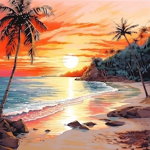 May include: A painting of a tropical beach scene with palm trees, a sunset, and a calm ocean. The sky is a vibrant orange and pink, and the sun is setting over the horizon. The beach is sandy and there are rocks in the foreground.