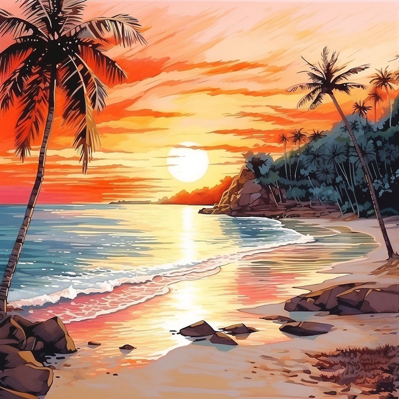 May include: A painting of a tropical beach scene with palm trees, a sunset, and a calm ocean. The sky is a vibrant orange and pink, and the sun is setting over the horizon. The beach is sandy and there are rocks in the foreground.