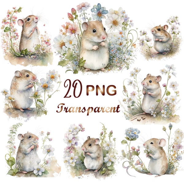 20 Flower mouse clipart PNG,Mouse and Flower Clipart,Cute watercolor mouse clipart,cute mice,clipart pack,flower images,nursery art,wall art