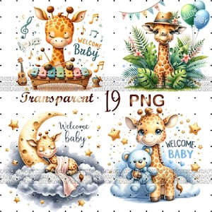 19 PNG, Welcome Baby Clipart, Nursery Decor, Cute Giraffe, Baby Giraffe clipart, Baby Shower,  Digital Prints, Commercial Use