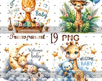 19 PNG, Welcome Baby Clipart, Nursery Decor, Cute Giraffe, Baby Giraffe clipart, Baby Shower,  Digital Prints, Commercial Use