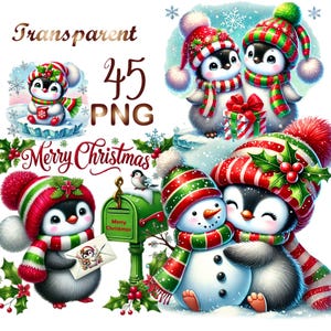 45 png, Christmas Penguins Clipart bundle,X-mas  clipart,Holiday Penguin Illustrations designs,Festive Art,Digital Download,Commercial Use