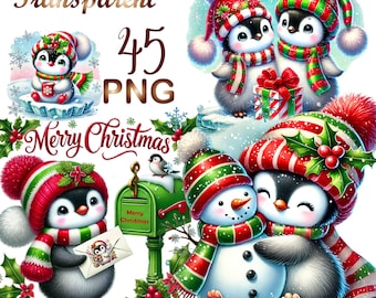 45 png, Christmas Penguins Clipart bundle,X-mas  clipart,Holiday Penguin Illustrations designs,Festive Art,Digital Download,Commercial Use