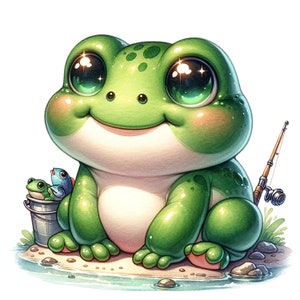 Puede incluir: Una rana verde con grandes ojos brillantes se sienta en una orilla arenosa junto a un estanque. La rana sostiene un cubo con dos peces peque&ntilde;os dentro. Una ca&ntilde;a de pescar se apoya en una roca detr&aacute;s de la rana.