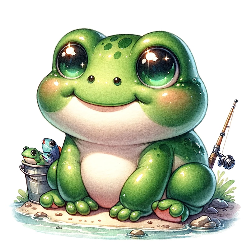 Puede incluir: Una rana verde con grandes ojos brillantes se sienta en una orilla arenosa junto a un estanque. La rana sostiene un cubo con dos peces peque&ntilde;os dentro. Una ca&ntilde;a de pescar se apoya en una roca detr&aacute;s de la rana.