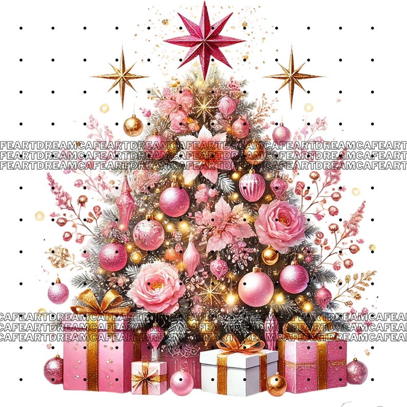 May include: A pink and gold Christmas tree decorated with ornaments, flowers, and presents. The tree is topped with a pink star.