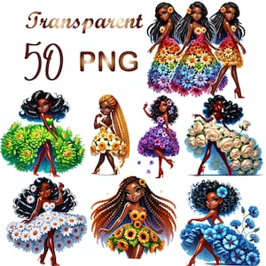 50 PNG,  Floral Black Girls Clipart bundle, Flowers Cute Girls Clipart bundle,Cute Flowers Chibi Girl,  Black Woman Clipart,Instant Download