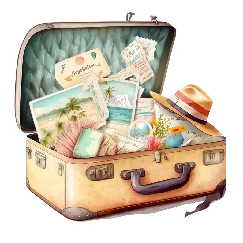 May include: A vintage suitcase filled with travel souvenirs, including postcards, a straw hat, and a globe. The suitcase is open and the items are spilling out.