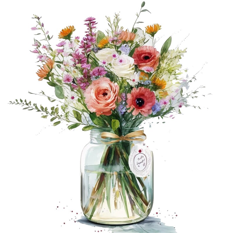 May include: A bouquet of pink, white, and orange flowers in a clear glass jar with a brown ribbon and a tag that says "Only Grandma!"