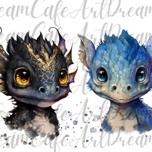 May include: Two cartoon baby dragons, one black with gold accents and one blue with white accents. Both dragons have large eyes and are looking at the viewer.