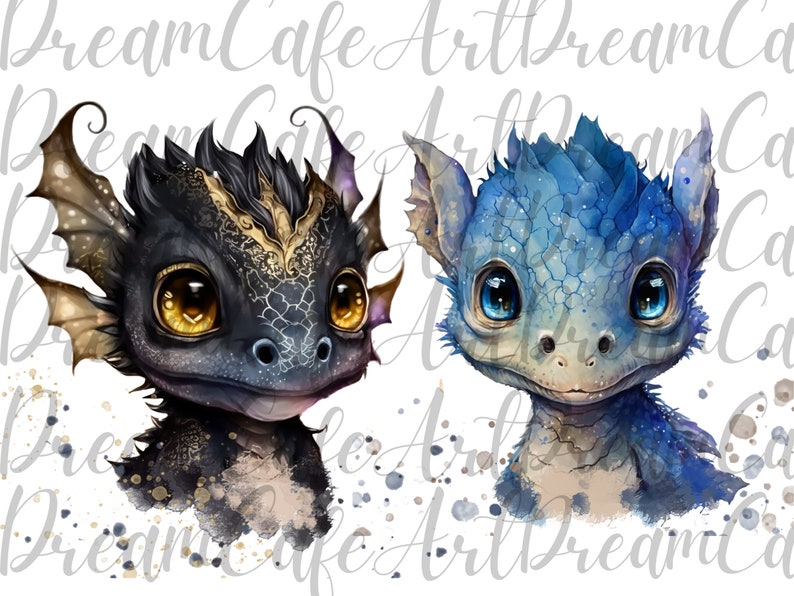 May include: Two cartoon baby dragons, one black with gold accents and one blue with white accents. Both dragons have large eyes and are looking at the viewer.