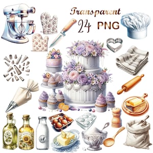 24 PNG, Watercolor Baking Clipart bundle, Baking Supplies, Home bakery Logo, Cooking Elements, Culinary Clipart, Kitchen Utensils