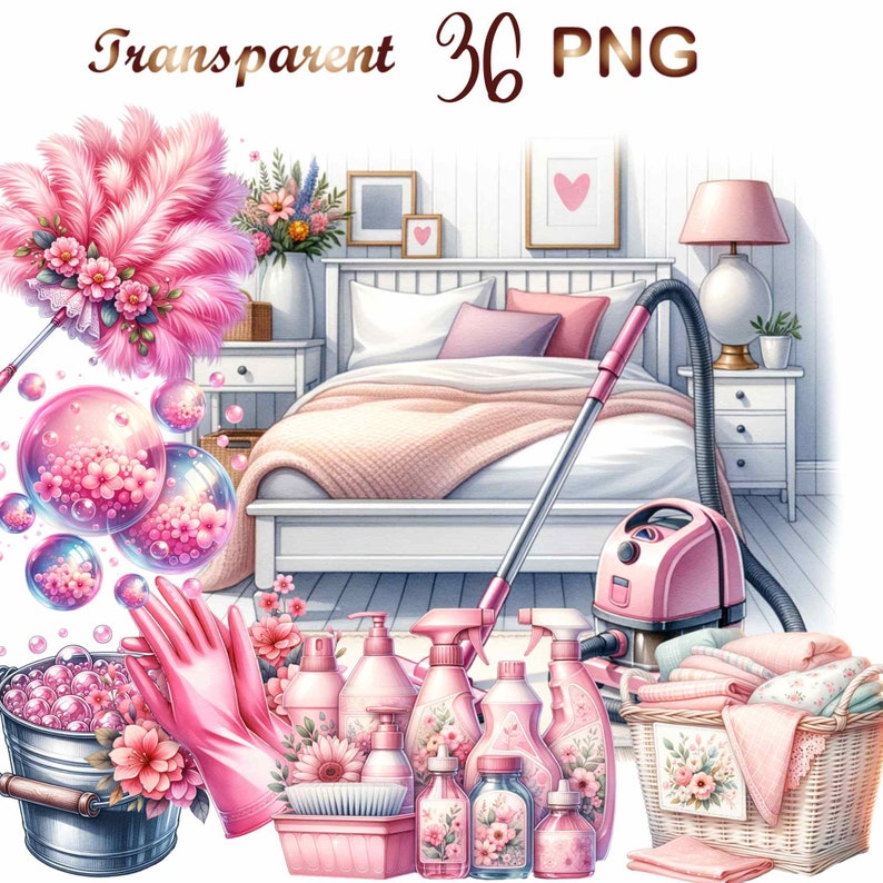 May include: A set of pink cleaning supplies, including a duster, a vacuum cleaner, a bucket of soapy water, cleaning gloves, and bottles of cleaning solution. The cleaning supplies are arranged on a wooden floor in front of a white bed with pink bedding.