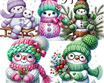 34 PNG Christmas Knitted Snowman bundle Clipart, Festive Snowmen Graphics Designs, Holiday clipart, Commercial Use, Digital Download
